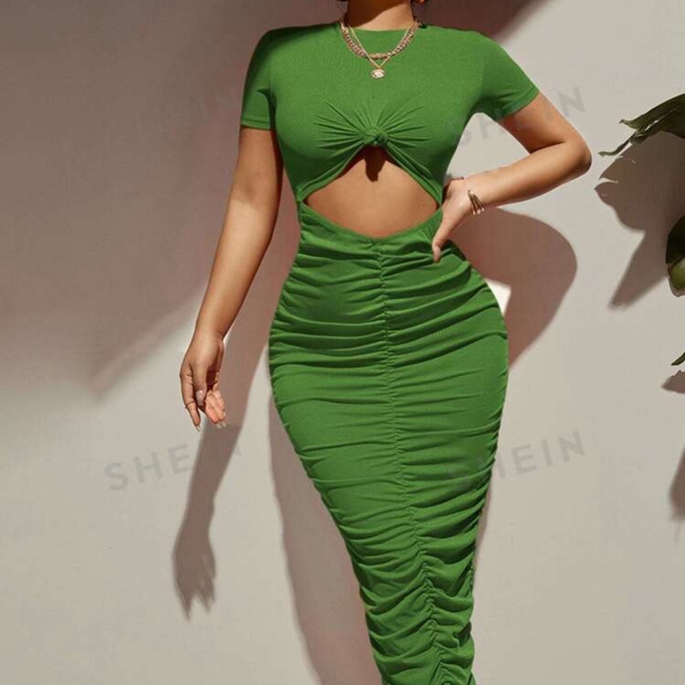 SHEIN SKY Cut Out Knot Front Ruched Bodycon Dress- Green